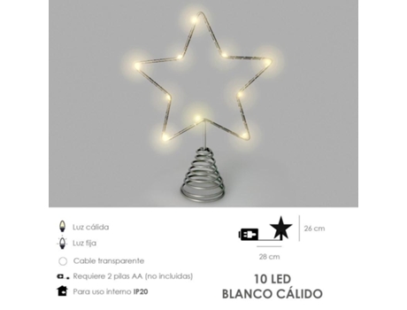 Guirnalda adorno luces navidad estrella arbol navidad luz blanco calido 10 leds. uso interno protección ip20. 2 baterias aa