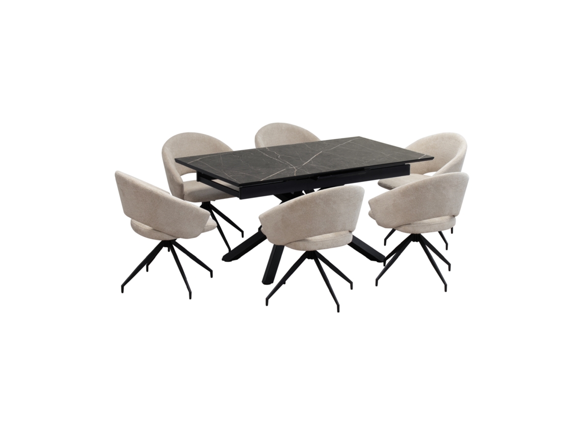 Conjunto De Mesa De Comedor Extensible Y 6 Sillas Taylor Jane - Mesa En Melamina Negro Mármol 200-160 X 90 Cm Con Sillas En Tejido Beige - Mog Casa