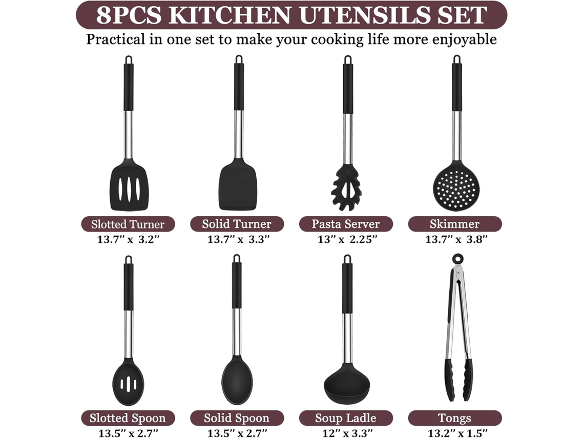 Conjunto de Utensílios de Cozinha Conjunto de Panelas de Silicone Antiaderente de Aço Inoxidável de 8 Peças Preto GERTIZ