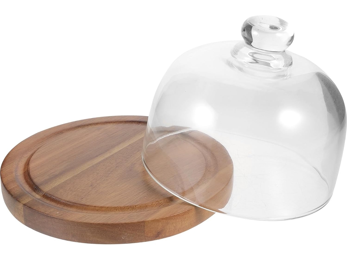 Soporte Y Bandeja Para Pasteles De Madera De Acacia Con Cúpula De Cristal Transparente.