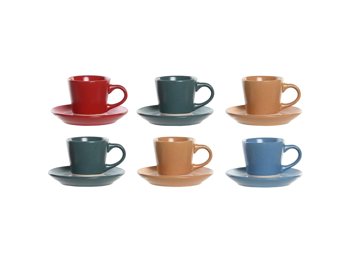 Juego de Tazas con Platos DKD Home Decor Rojo Azul Verde Amarillo Gres 90 ml