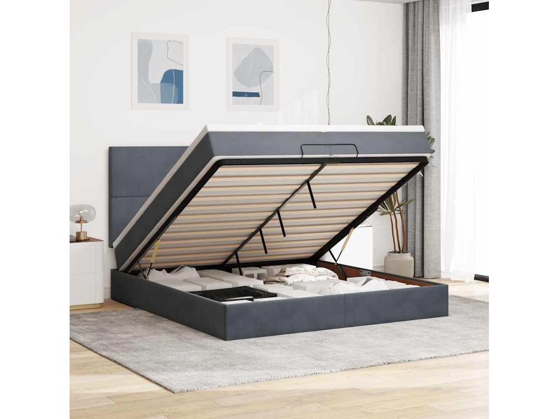 Estructura Cama Otomana Colchones Terciopelo Gris Oscuro