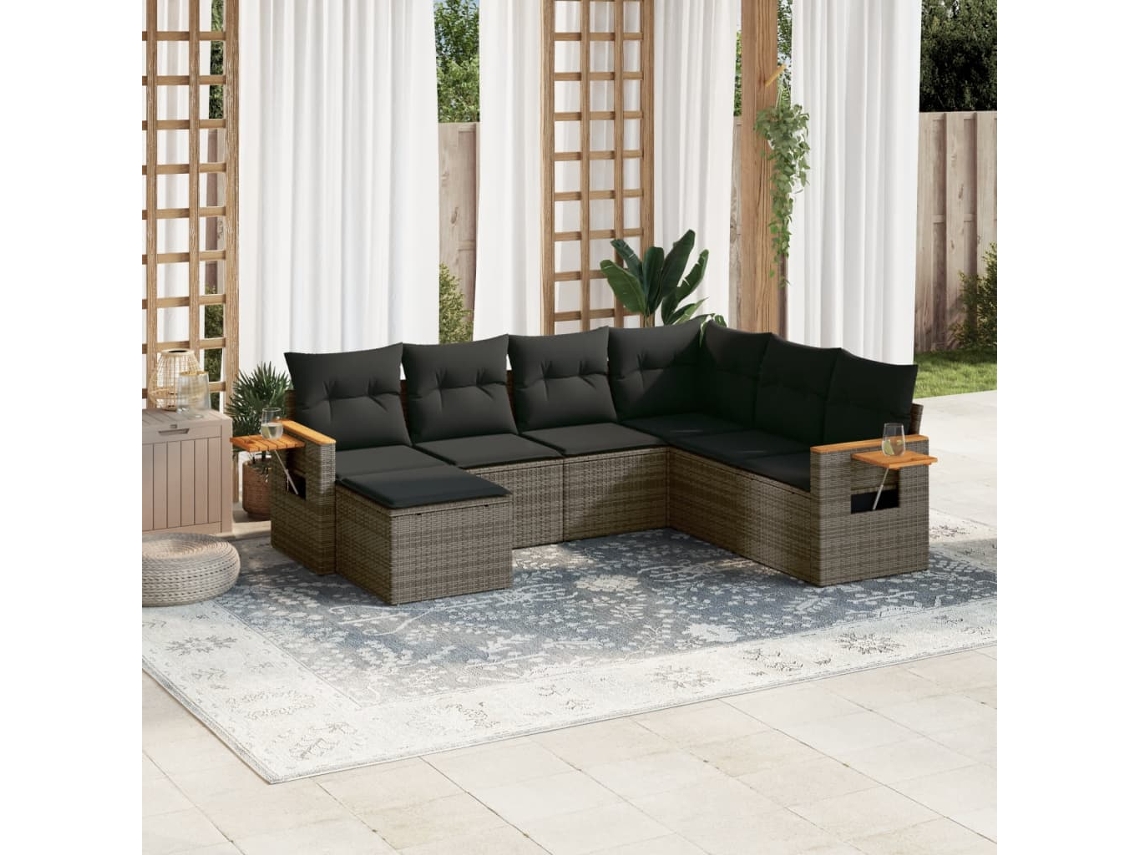 Conjunto de sofá de jardín de 7 piezas con cojines, mimbre gris, DKD Home Decor