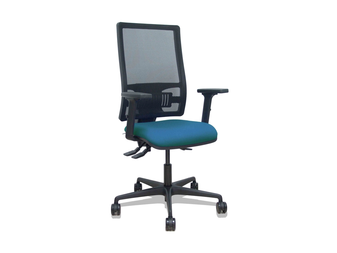 Silla de oficina Bormate con mecanismo asíncrono, tapizada en tela verde petróleo y malla negra.