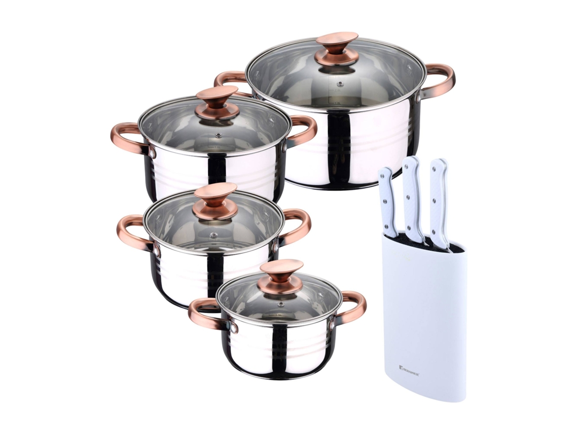 Batería De Cocina Ø16ø18ø20ø24cm De Acero Inoxidable Nona San Ignacio (8 Piezas) Con 3 Cuchillos Y Tacoma
