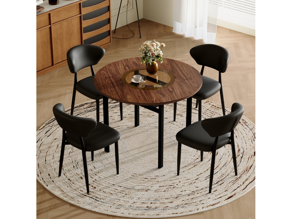 Conjunto De Mesa Redonda De Madera (100 Cm) Con 4 Sillones Curvos De Poliuretano Negro.