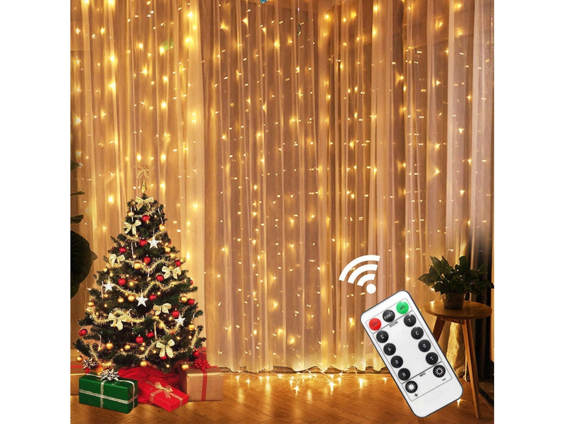 (luz Cálida 6x3m) Cortina De Luz Led, Con Enchufe Usb Y Control Remoto, 8 Modos De Iluminación