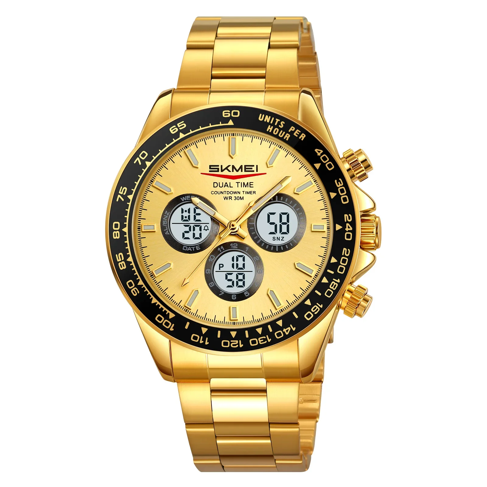 Reloj Electrónico De Cuarzo Con Doble Pantalla (dorado), Material De Acero Inoxidable, Resistente Al Agua, Estilo Ejecutivo De Élite.