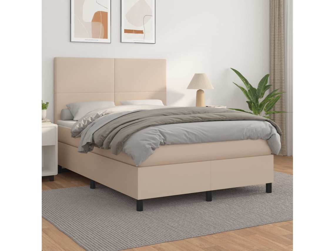 Cama Box Spring Con Colchón Cuero Sintético Capuchino 140x190cm