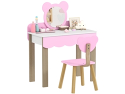 Tocador Infantil Con Taburete Espejo Oso Cajón Mdf Rosa