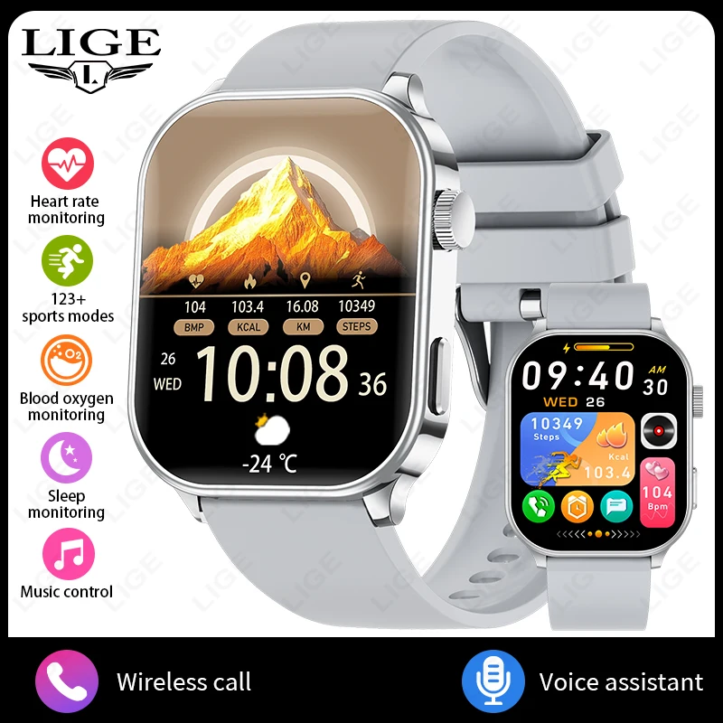 Reloj inteligente (plateado), pantalla de 2,01 pulgadas, monitorización de frecuencia cardíaca, llamadas Bluetooth, resistencia al agua IP68.