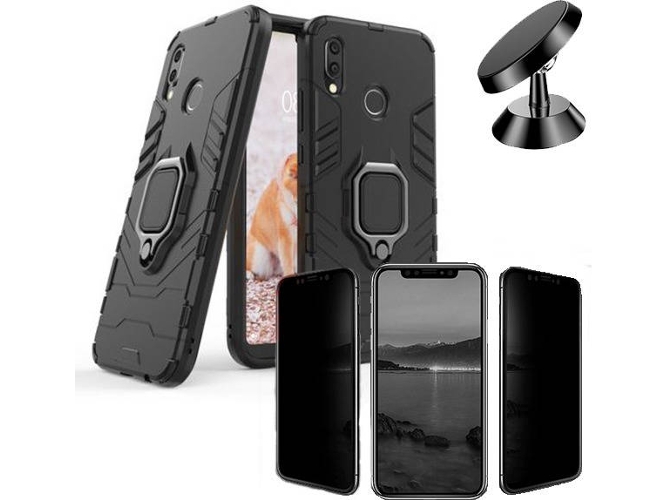 Kit Carcasa, Protector Privacy y Soporte Magnetico Huawei P20 Lite Military Defender Negro