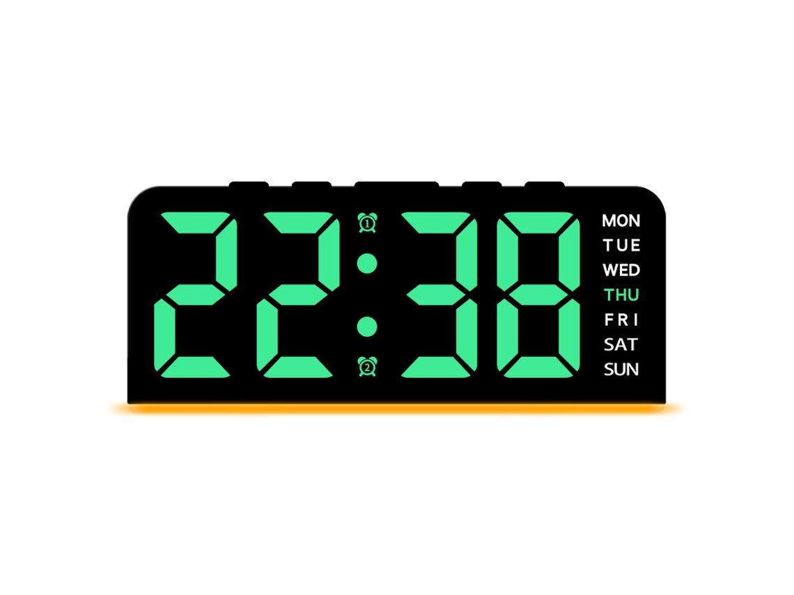 Nuevo reloj digital LED grande con luz ambiental, fecha, función de repetición, 2 alarmas y retroiluminación, negro y verde. Sfushos