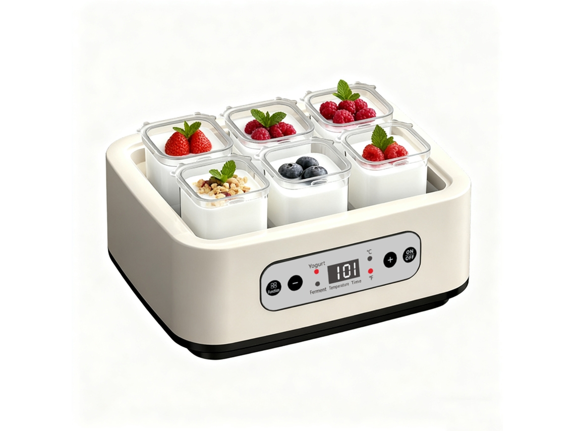 yogurtera doméstica (norma europea) con doble indicador de temperatura y 6 vasos de boro de alta calidad con una capacidad de 250 ml.