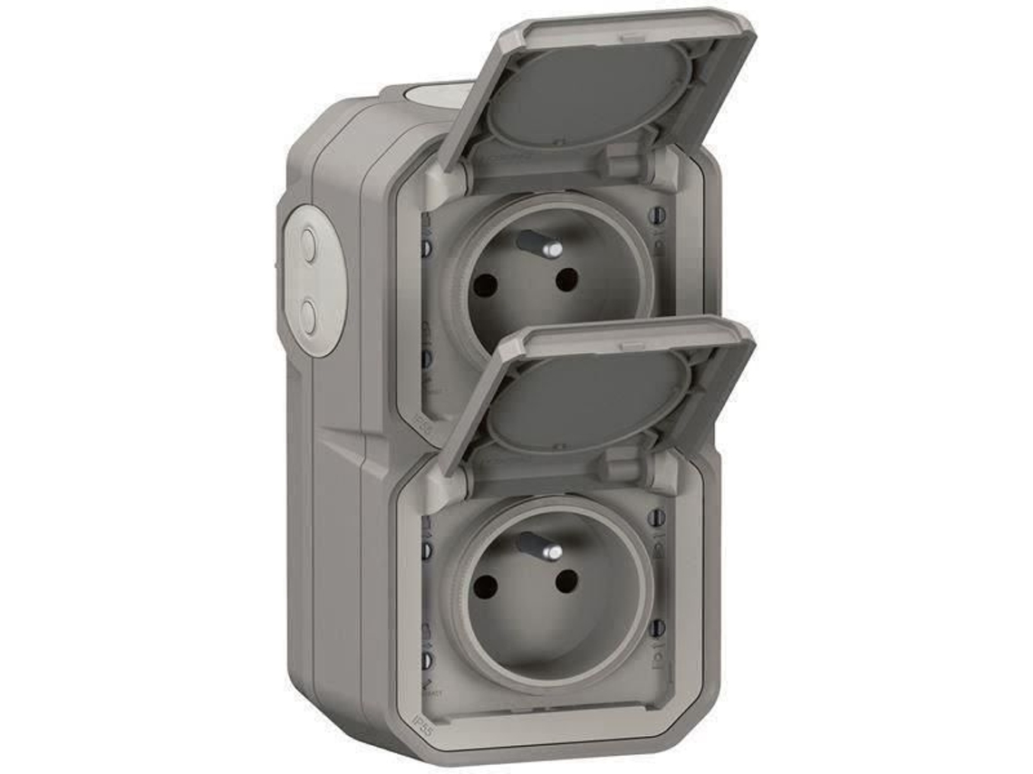 Toma Doble Legrand Con Tierra Impermeable Pre Cableada Con Obturador Plexo 16a 250v Gris