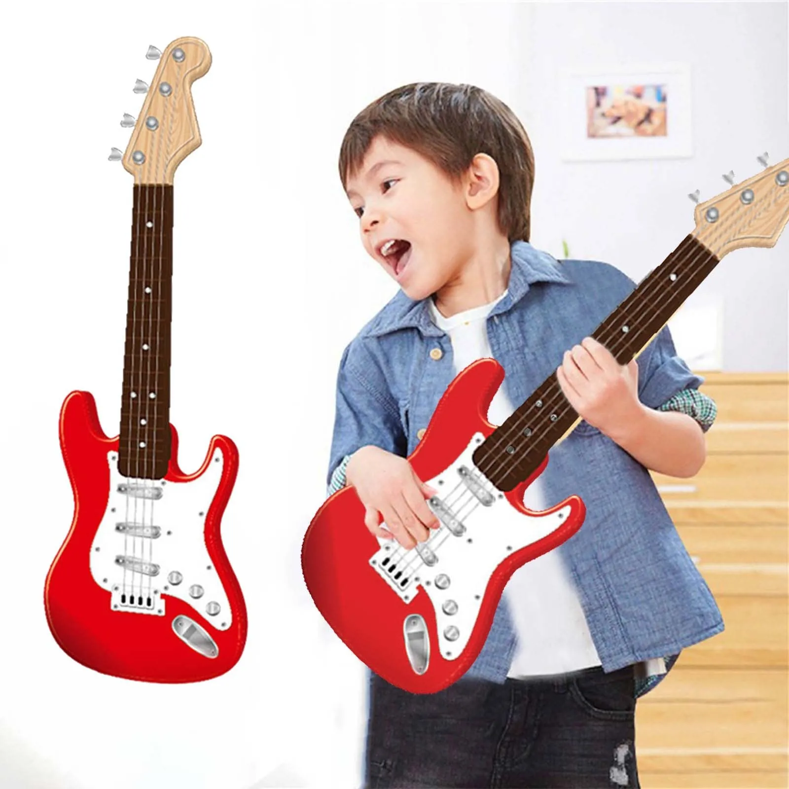 (Roja) Guitarra eléctrica para niños que atrae la atención de los niños con su diseño de 4 cuerdas.