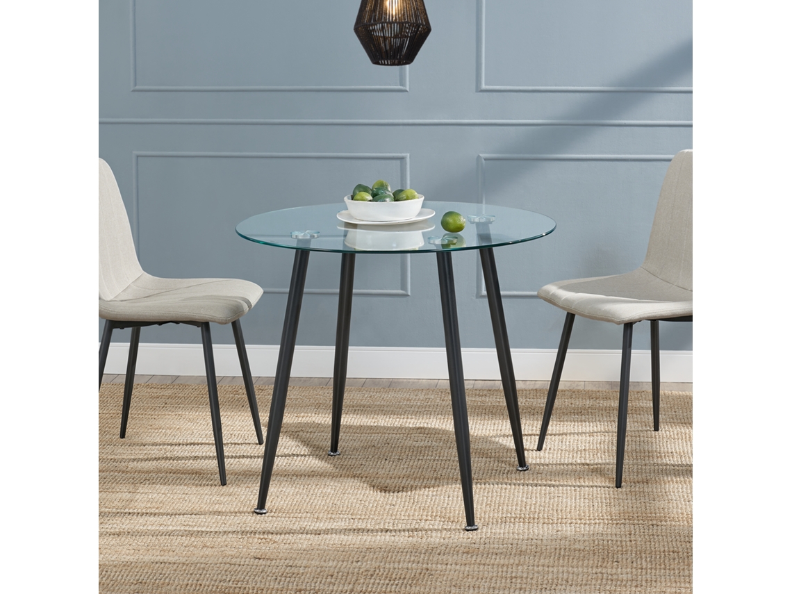 Mesa de cristal Humppila redonda versátil con 4 patas de acero 75 x Ø 87 cm - Transparente y Negro [en.casa]