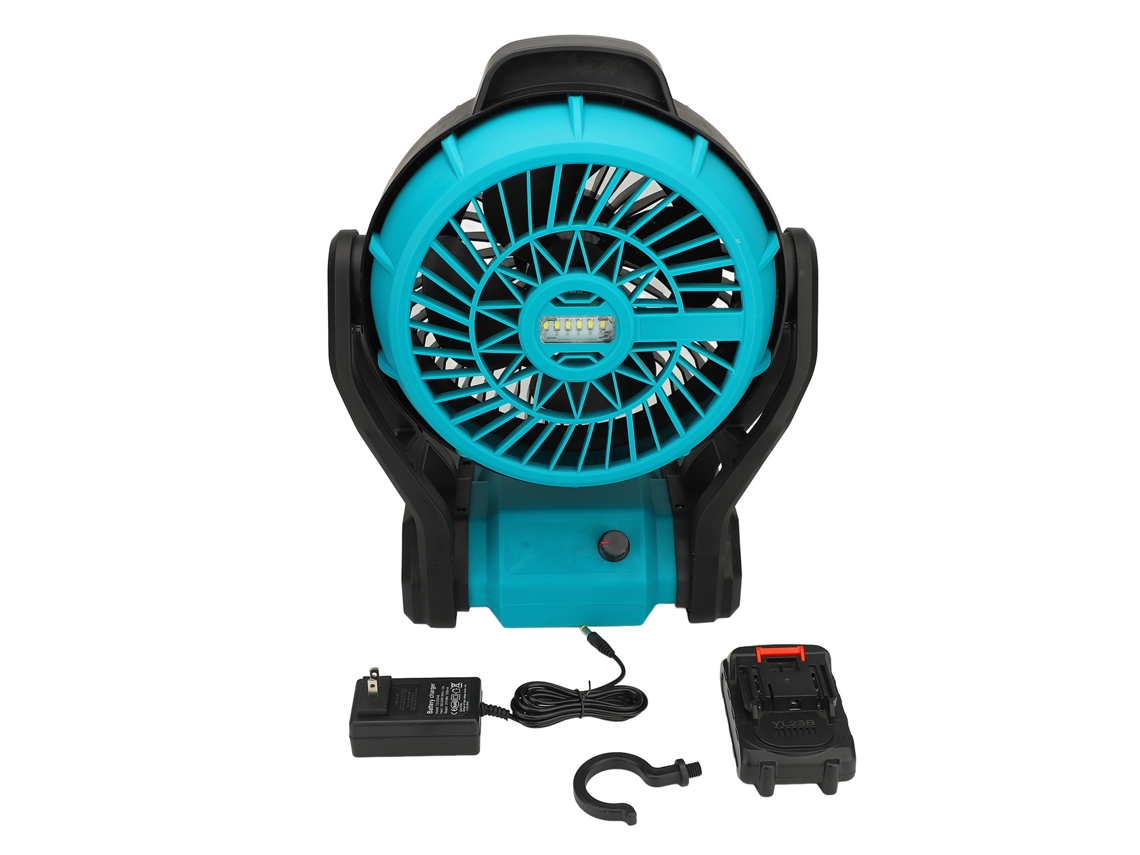 Ventilador portátil con batería recargable de litio y luz azul.