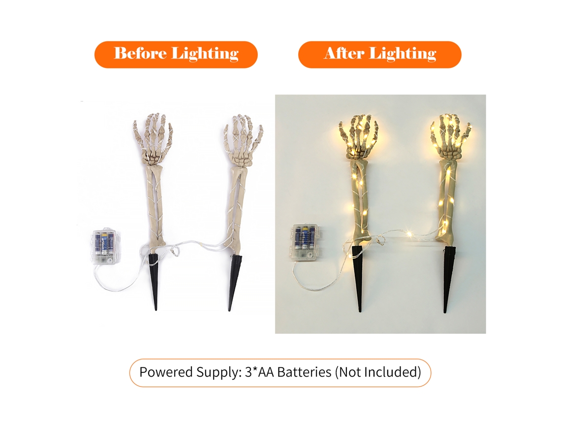 Paquete de 2 luces de estaca con forma de esqueleto para Halloween, 48 LED, 1,5 m, batería, blanco cálido