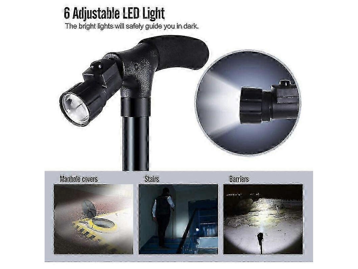 Bastón plegable con luz LED, altura ajustable, ideal para personas mayores, plegable y portátil.
