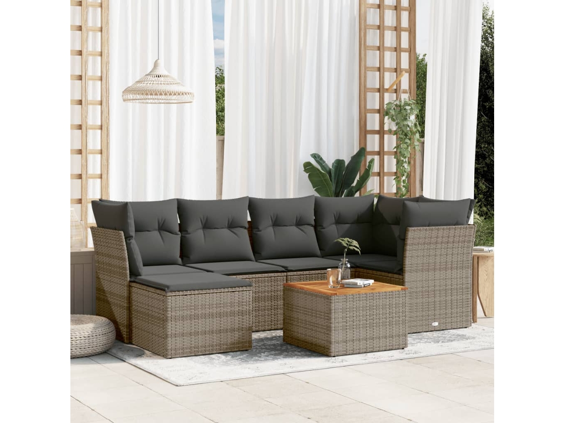 Conjunto de sofá de jardín de 7 piezas con cojines, mimbre gris, DKD Home Decor