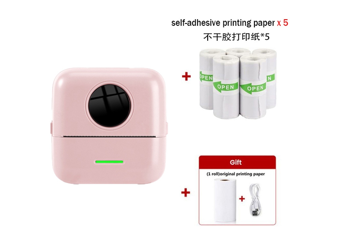 Impresora térmica portátil mini sin tinta con 5 rollos de papel autoadhesivo para notas de estudio y fotos, color rosa Digitallab
