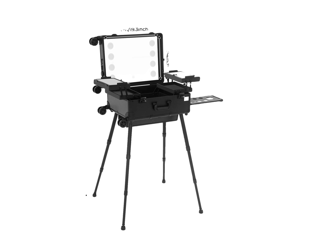 Maletín de maquillaje profesional con ruedas, iluminación LED integrada, diseño profesional, color negro.