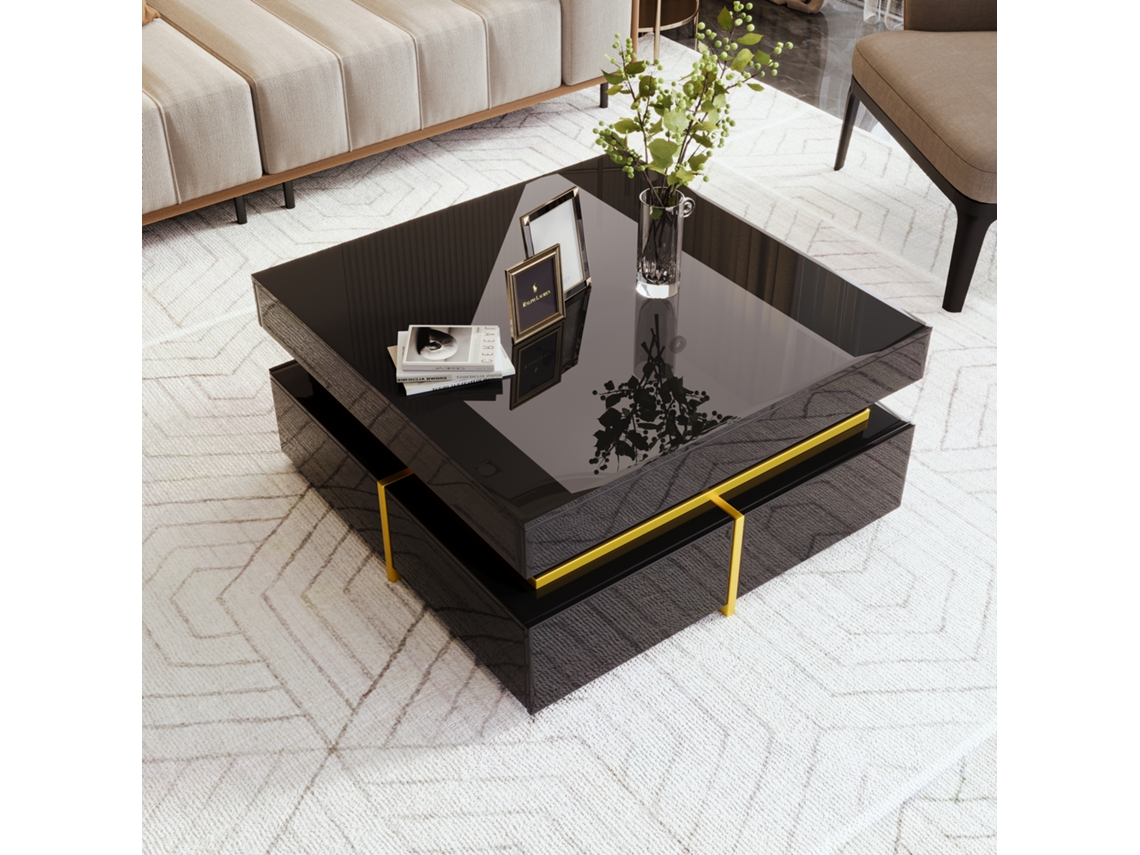 Mesa De Centro De Alto Brillo Con Cajones Dorados.