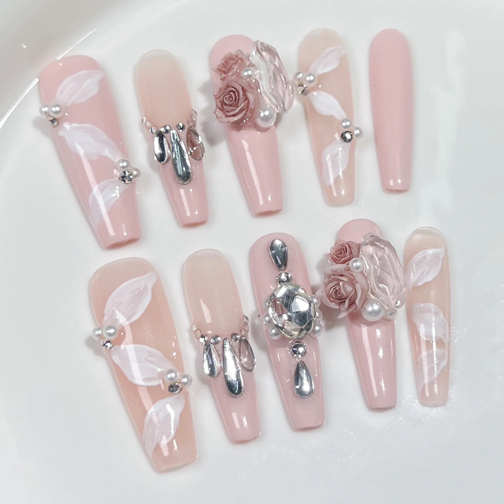 (500-l) 10 Pegatinas De Uñas Postizas Hechas A Mano, Estilo Ballet, Con Incrustaciones De Diamantes.