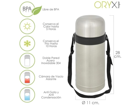 Termo Solidos y Liquidos. 1 Litro de Capacidad. Libre BPA. Acero Inoxidable. Antigoteo ORYX