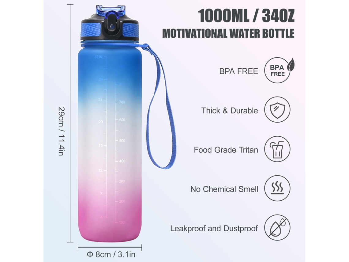 Botella De Agua De 1000 Ml Con Temporizador, Libre De Bpa Y Pajita Para Gimnasio, Fitness, Deportes, Camping Y Ciclismo.