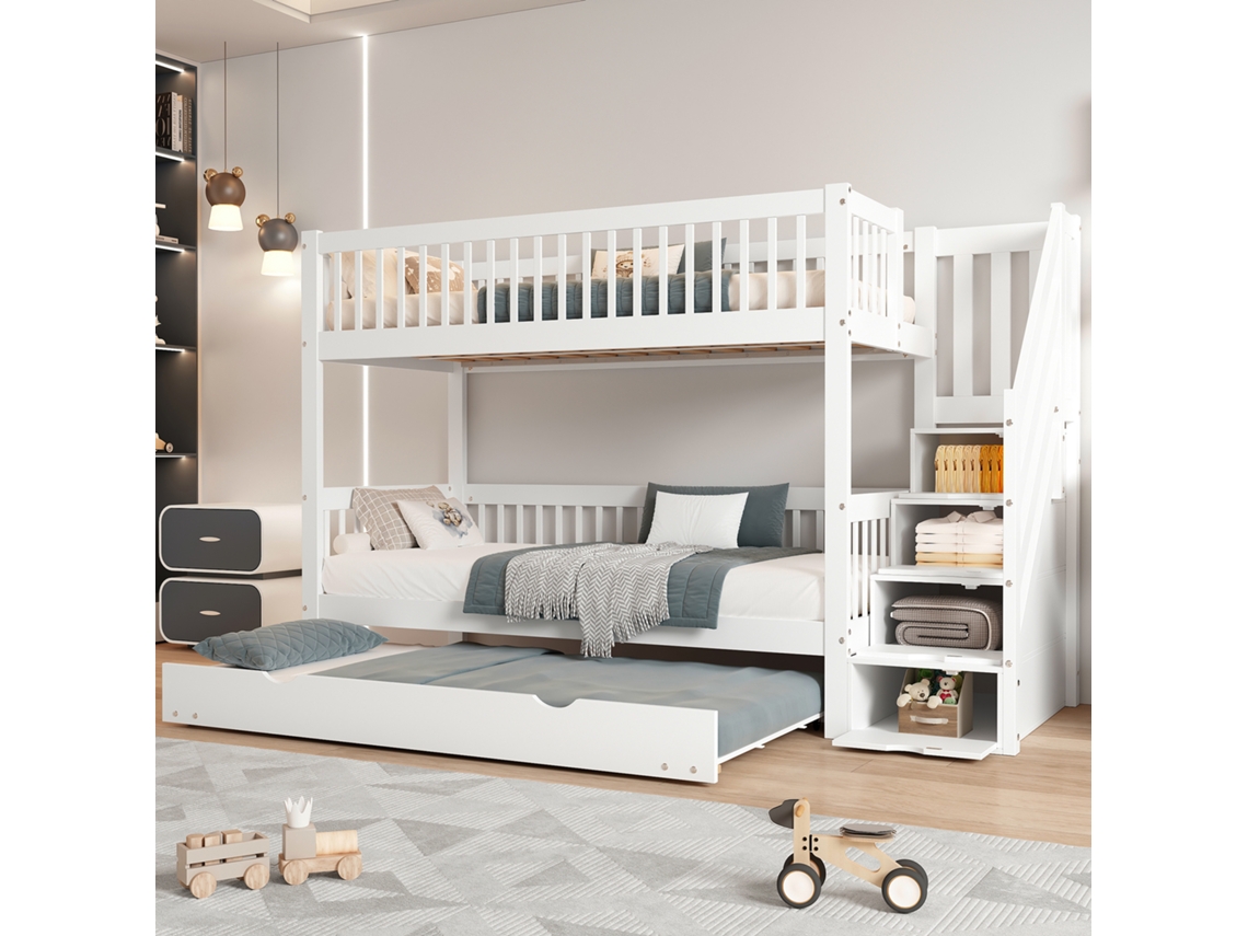 Litera con cama nido, escalera, pasamanos, barandillas de seguridad, pino y MDF, blanca, 90x200/190cm