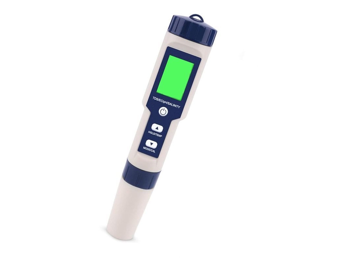 Medidor de calidad del agua 5 en 1: pH, TDS, salinidad, temperatura, pantalla LCD.