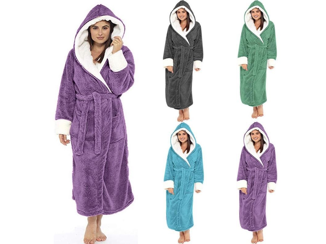 2026-robe De Sherpa Con Capucha Larga Plush Suave Para Mujer Con Bolsillos Y Cinturón Removable M Gris