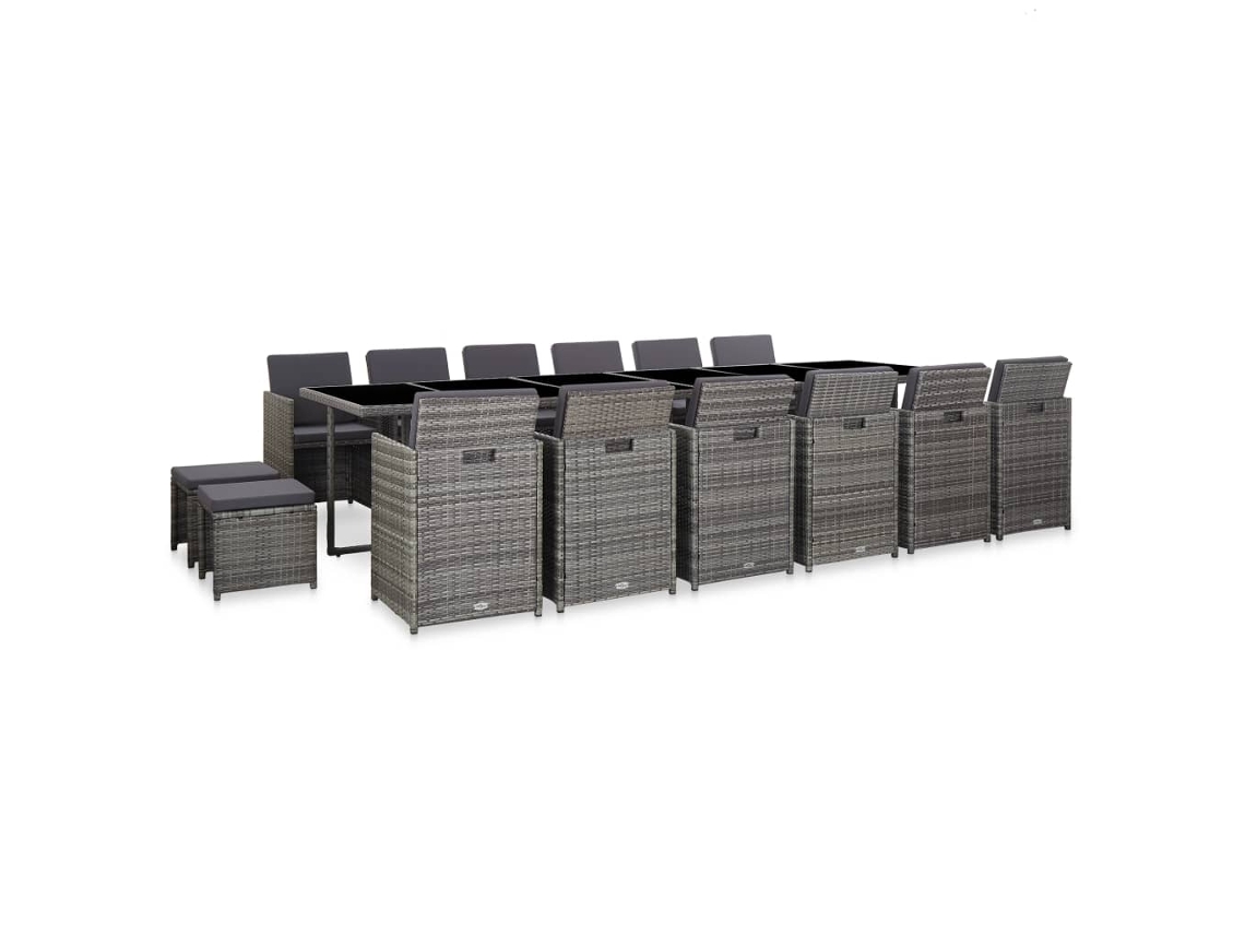 17 Piezas Conjunto Jantar Exterior Com Almofadões Vime Pe Cinzento Dkd Decoración Del Hogar