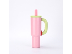 Vaso de hielo rosa de 40 oz, fabricado en acero inoxidable 304, estilo Dopamina, con asa y pajita, portátil para viajes y coche.