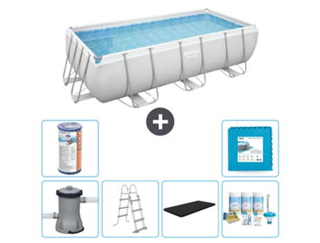 Piscina BESTWAY Rectangular Power Steel - 404 x 201 x 100 - Gris - Incluida bomba - Escalera Cubrir - Paquete de mantenimiento - Filtrar - Baldosas