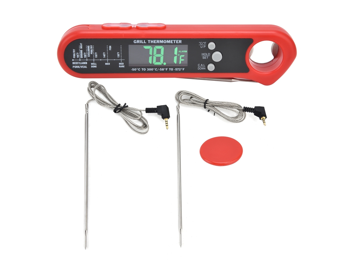 Termómetro digital plegable para alimentos con múltiples sensores y alarma para barbacoa y horno.