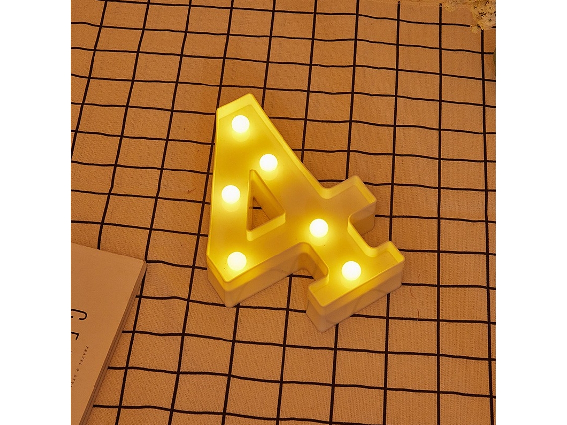 Letra LED 4 Número Iluminado con Luz Blanca Cálida, Altura 22cm, Funcionamiento a Pilas 2*AA