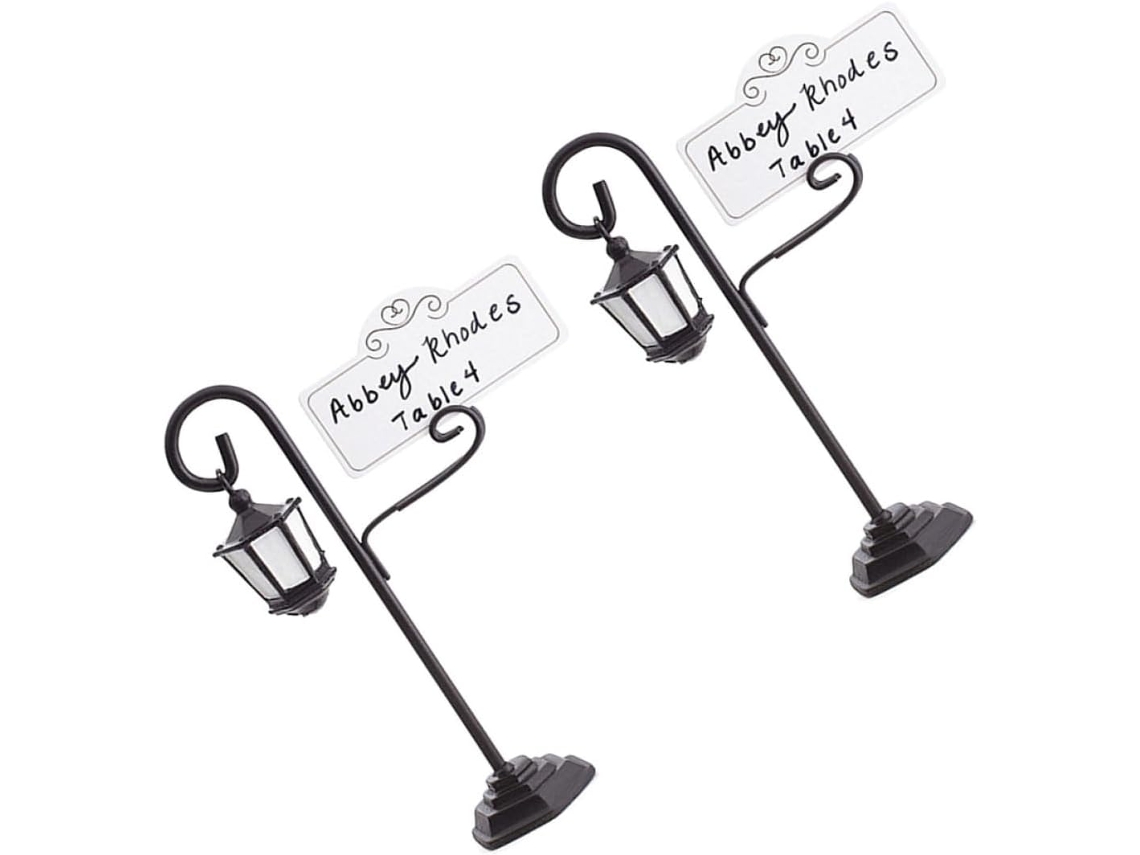 Juego 2 Portamenús Resina Negra Forma Farola Clips Decorativos Fotos Bodas Fiestas Portatarjetas Notas Mesas