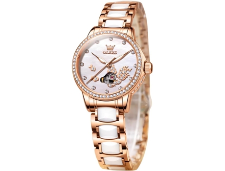 VEANXIN Reloj mecánico automático para mujer Diseño hueco en oro rosa(blanco)