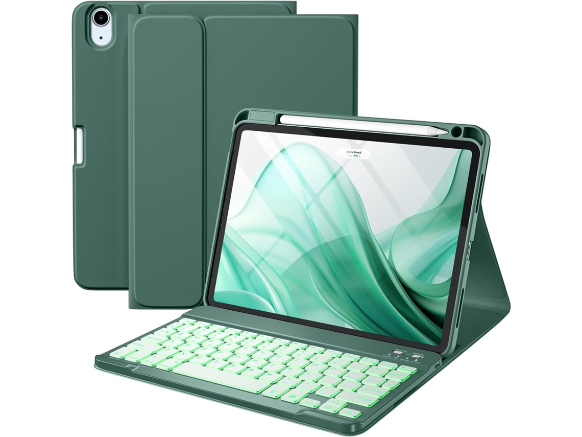 Funda con teclado tipo folio para iPad Air 11, teclado retroiluminado extraíble y soporte para lápiz, iPad Air de 5.ª y 4.ª generación, Viewleaf verde pino