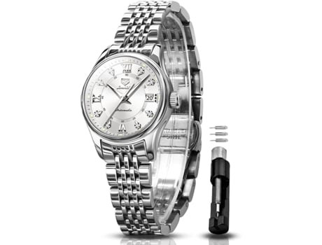 VEANXIN Reloj mecánico delgado impermeable de acero inoxidable dorado y plateado automático para mujer(Plata completa)