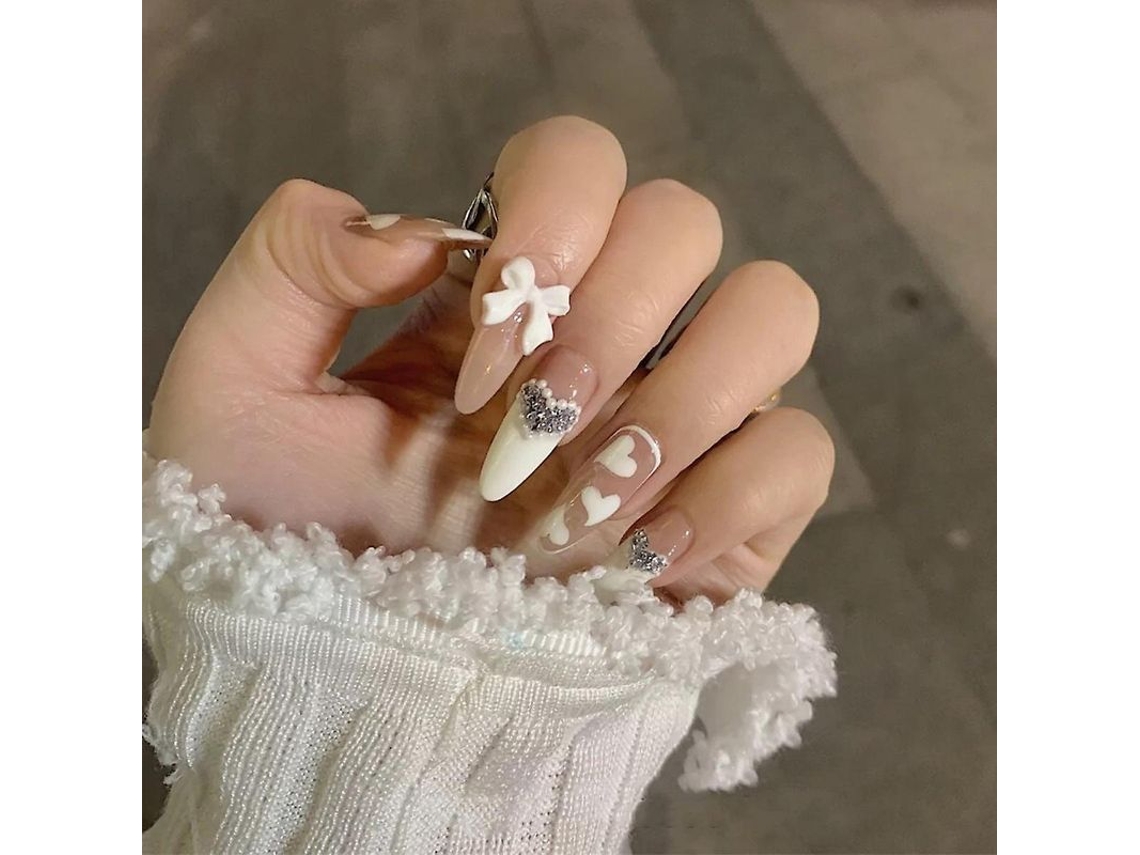 Uñas Postizas Artificiales Diy Con Lazo Blanco Melocotón, Removibles, Elegantes Para La Decoración De Uñas.