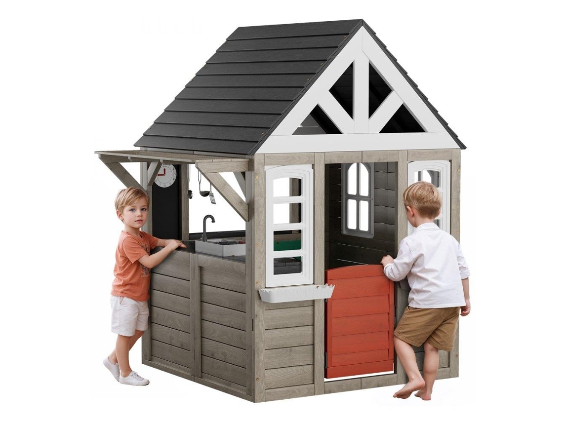 Casita de madera para niños con cocina, ventana y accesorios Tekmaquinas