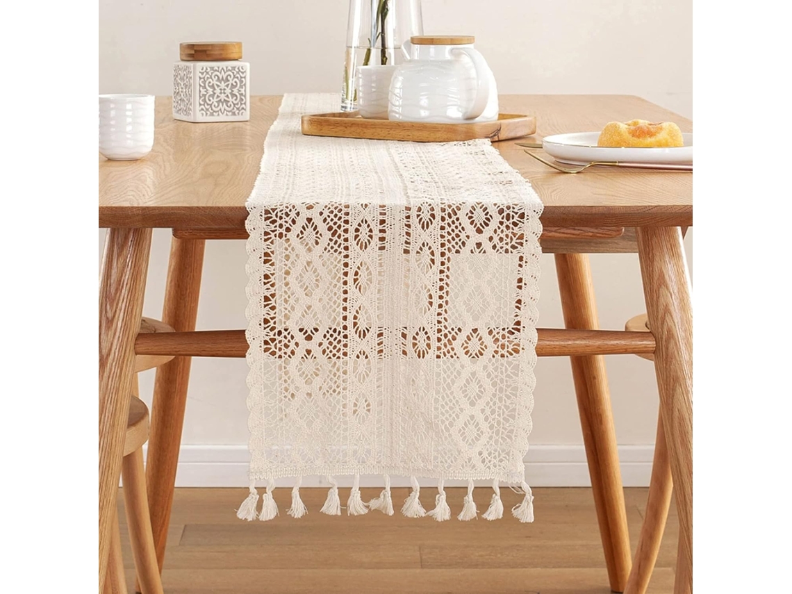 Camino De Mesa De Macramé, Color Beige, Con Borlas, 24 X 240 Cm