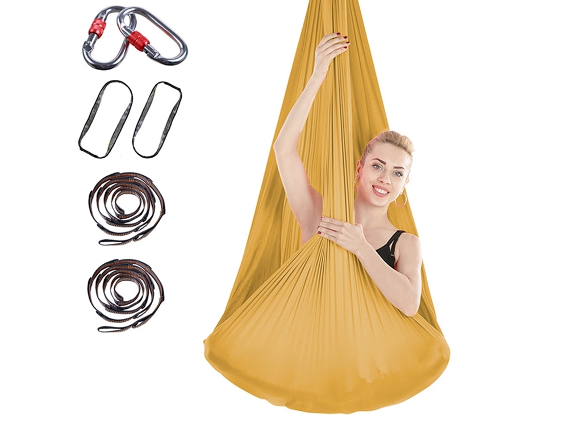 Hamaca de yoga de 400 x 280 cm con correa de extensión y cierre (dorada)