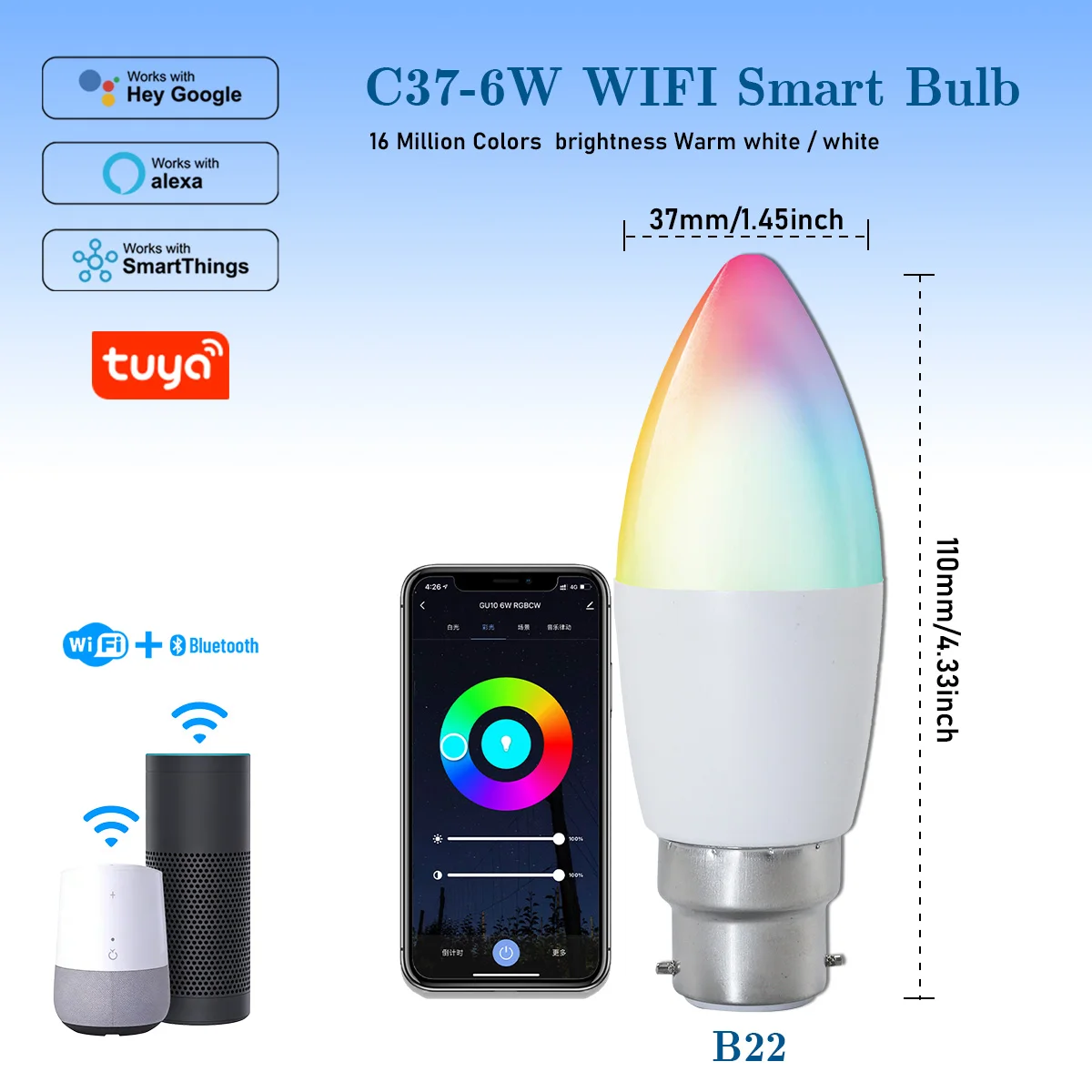 (b22, 5 Piezas) Graffiti Smart Rgb Led Candle Bombilla Con Wifi Bluetooth Y Control Remoto Por App Para Decoración