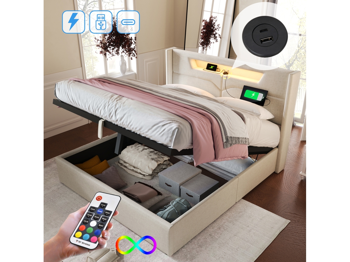 Cama Doble 140x200 Cm, Led Y Usb-c, Almacenamiento, Lino, Somier Incluido, Colchón No Incluido.