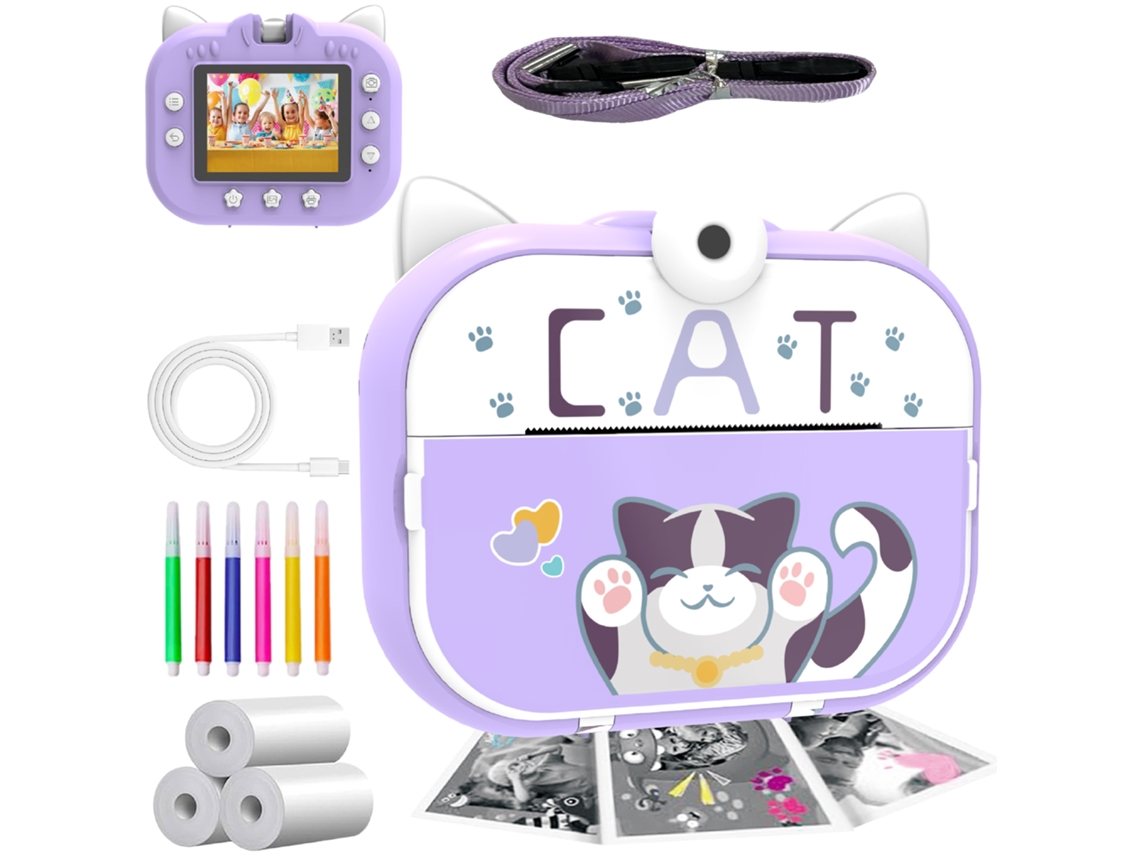 Cámara instantánea, cámara infantil con impresión, rotación de lente de 180° e impresión (Gato morado) Specment